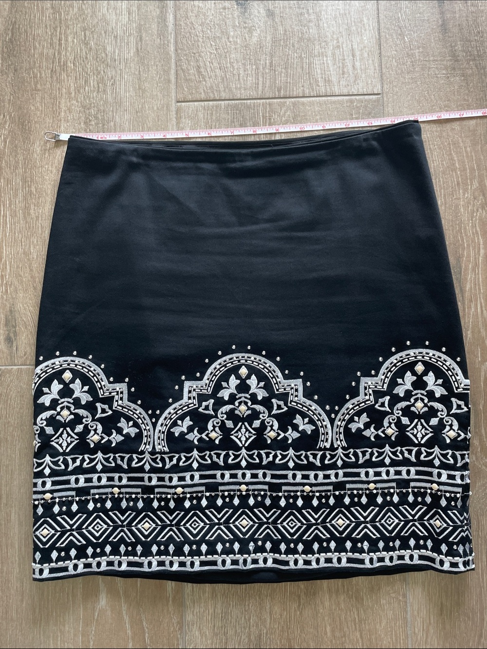 White House Black Market Black Mini Skirt with White Embroidered Border